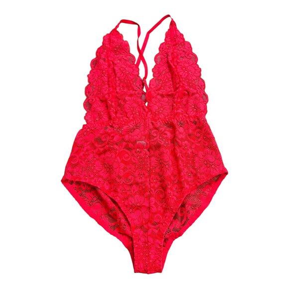 We are HAH / Free People NWT Comin' In HAHt Bodysuit Siren Red S Lace Coquette - Picture 1 of 9